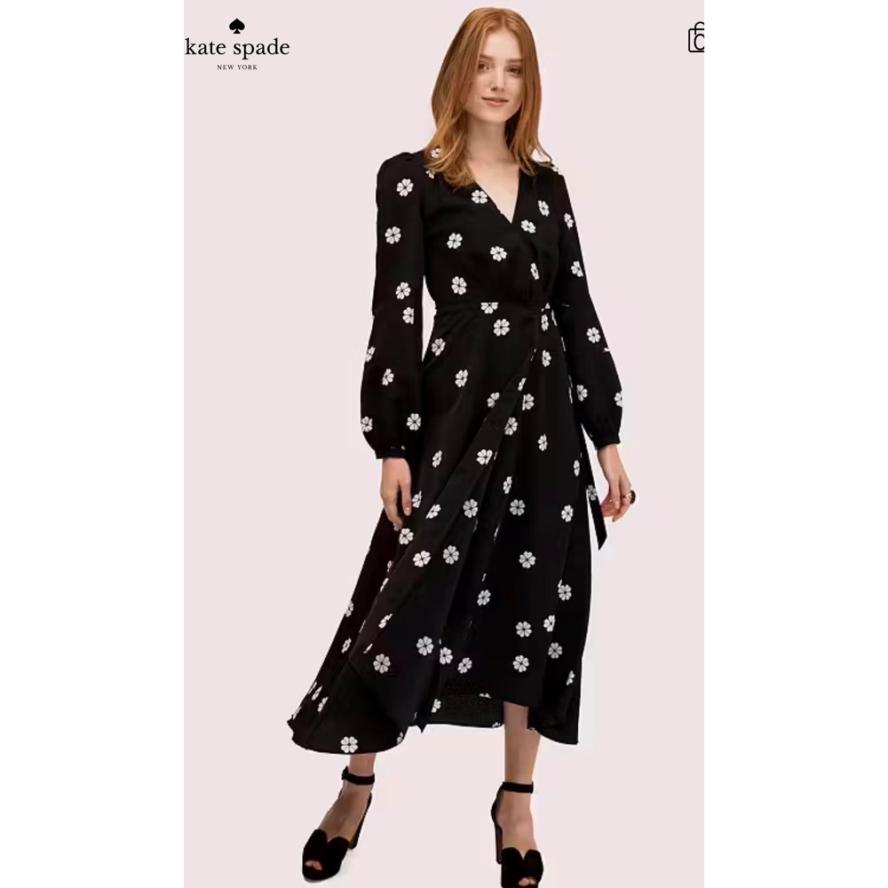 Kate Spade Black Floral Clover Wrap Midi Dress Size 8 Long Sleeve